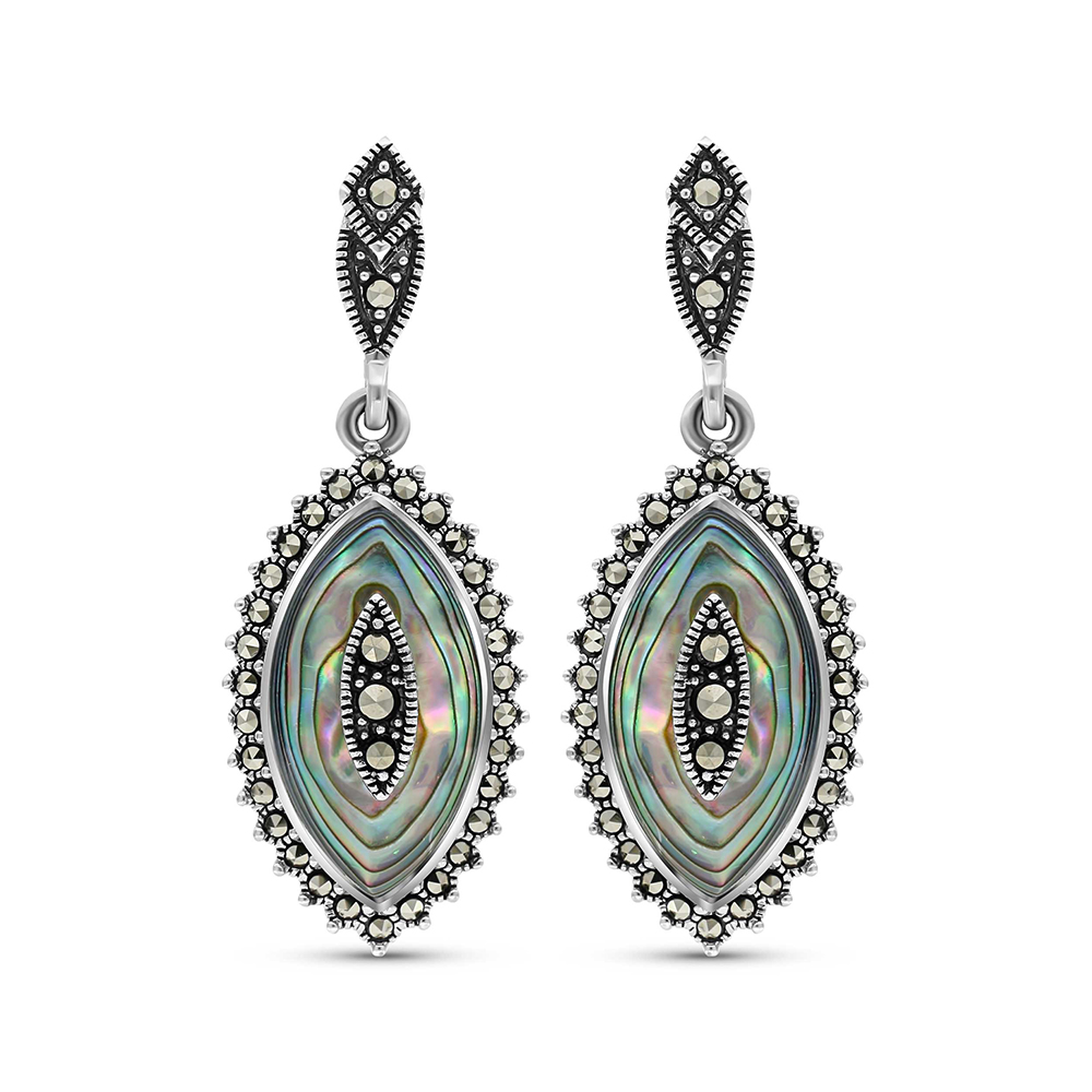 Sterling Silver 925 Earring Embedded With Natural Blue Shell And Marcasite Stones