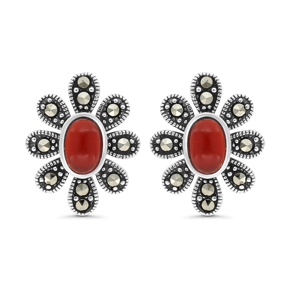 Sterling Silver 925 Earring Embedded With Natural Aqiq And Marcasite Stones