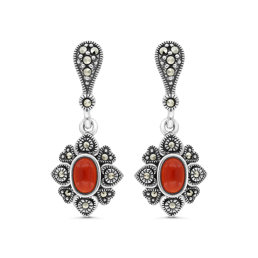 Sterling Silver 925 Earring Embedded With Natural Aqiq And Marcasite Stones
