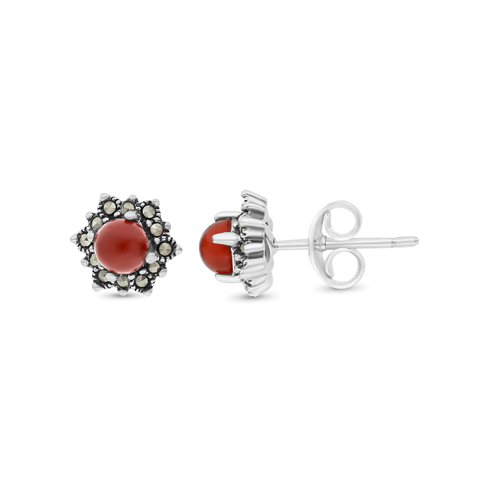 Sterling Silver 925 Earring Embedded With Natural Aqiq And Marcasite Stones