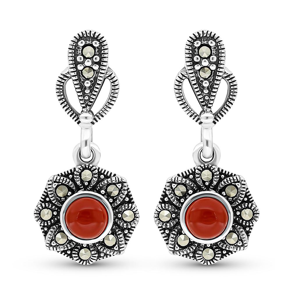 Sterling Silver 925 Earring Embedded With Natural Aqiq And Marcasite Stones