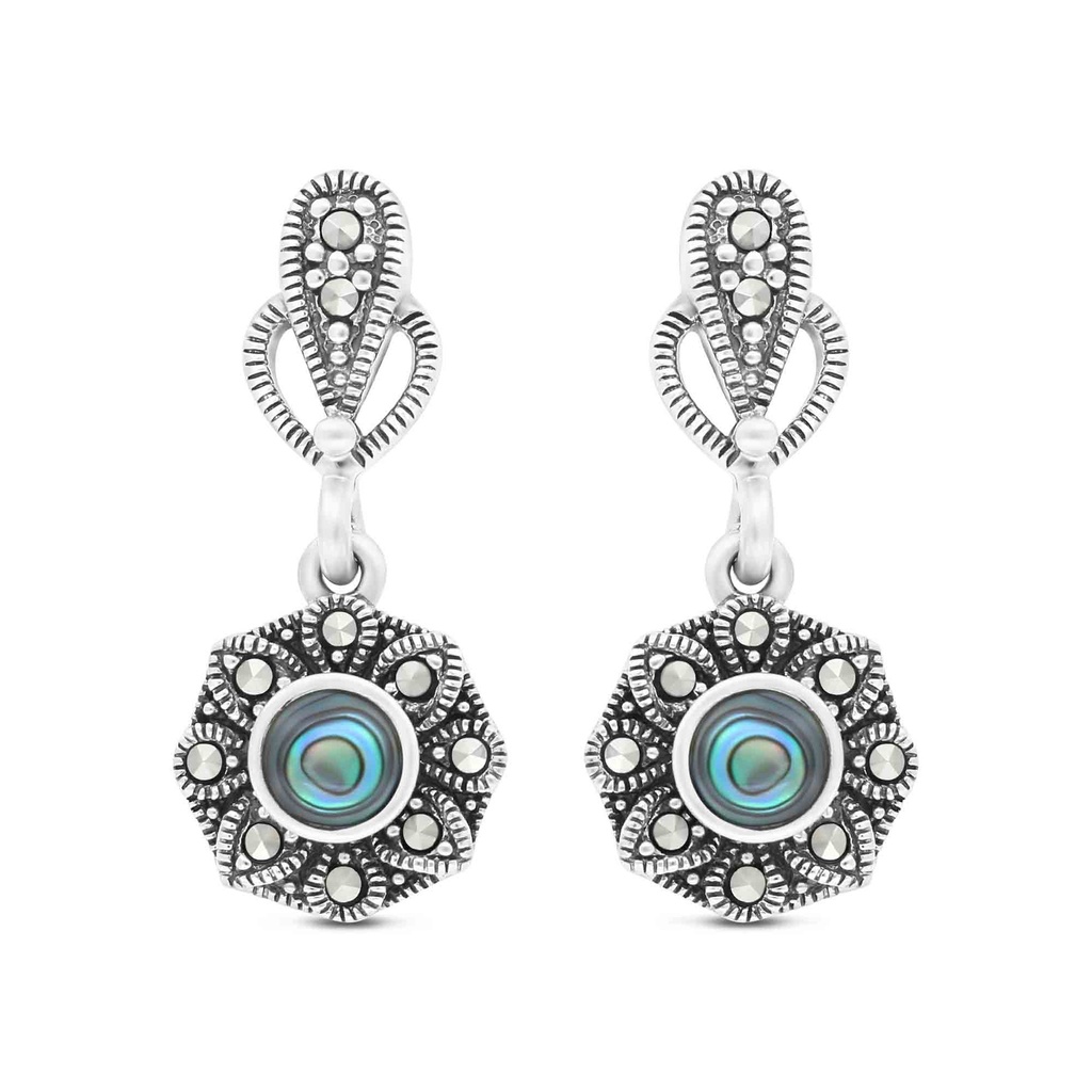 Sterling Silver 925 Earring Embedded With Natural Blue Shell And Marcasite Stones