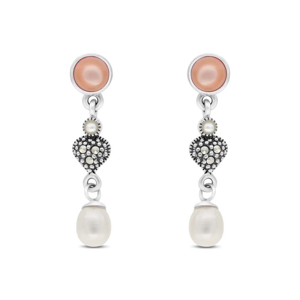 Sterling Silver 925 Earring Embedded With Natural Pink Shell And White Shell Pearl And Marcasite Stones
