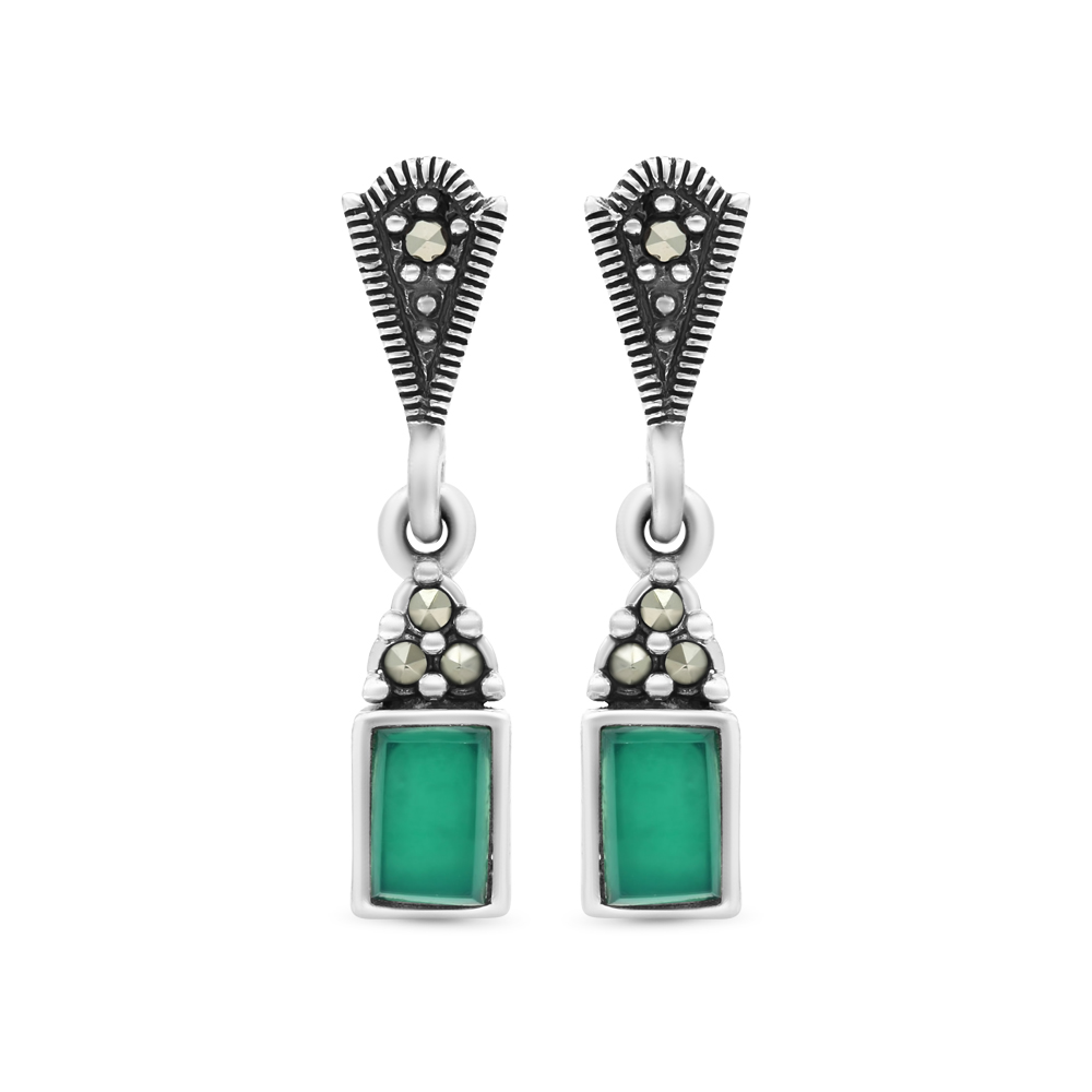 Sterling Silver 925 Earring Embedded With Natural Green Agate And Marcasite Stones