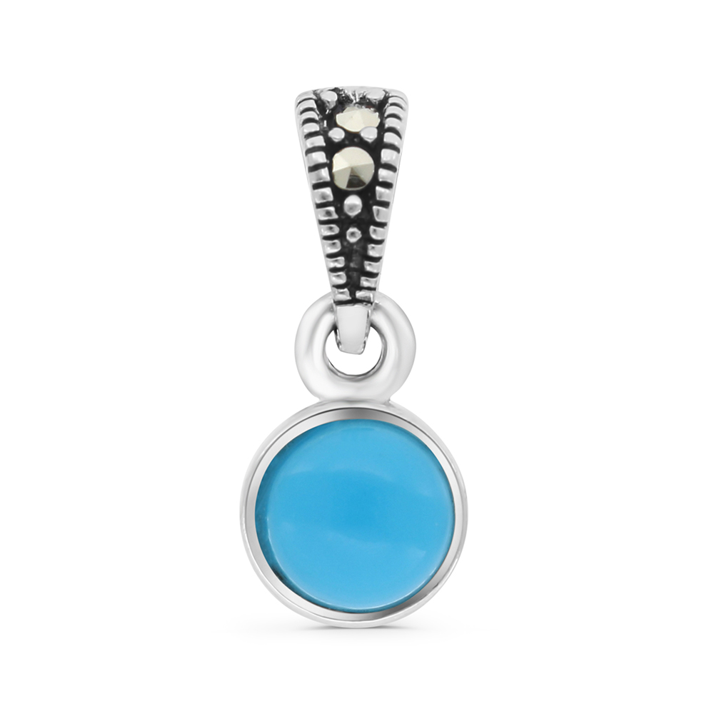 Sterling Silver 925 Pendant Embedded With Natural Processed Turquoise And Marcasite Stones