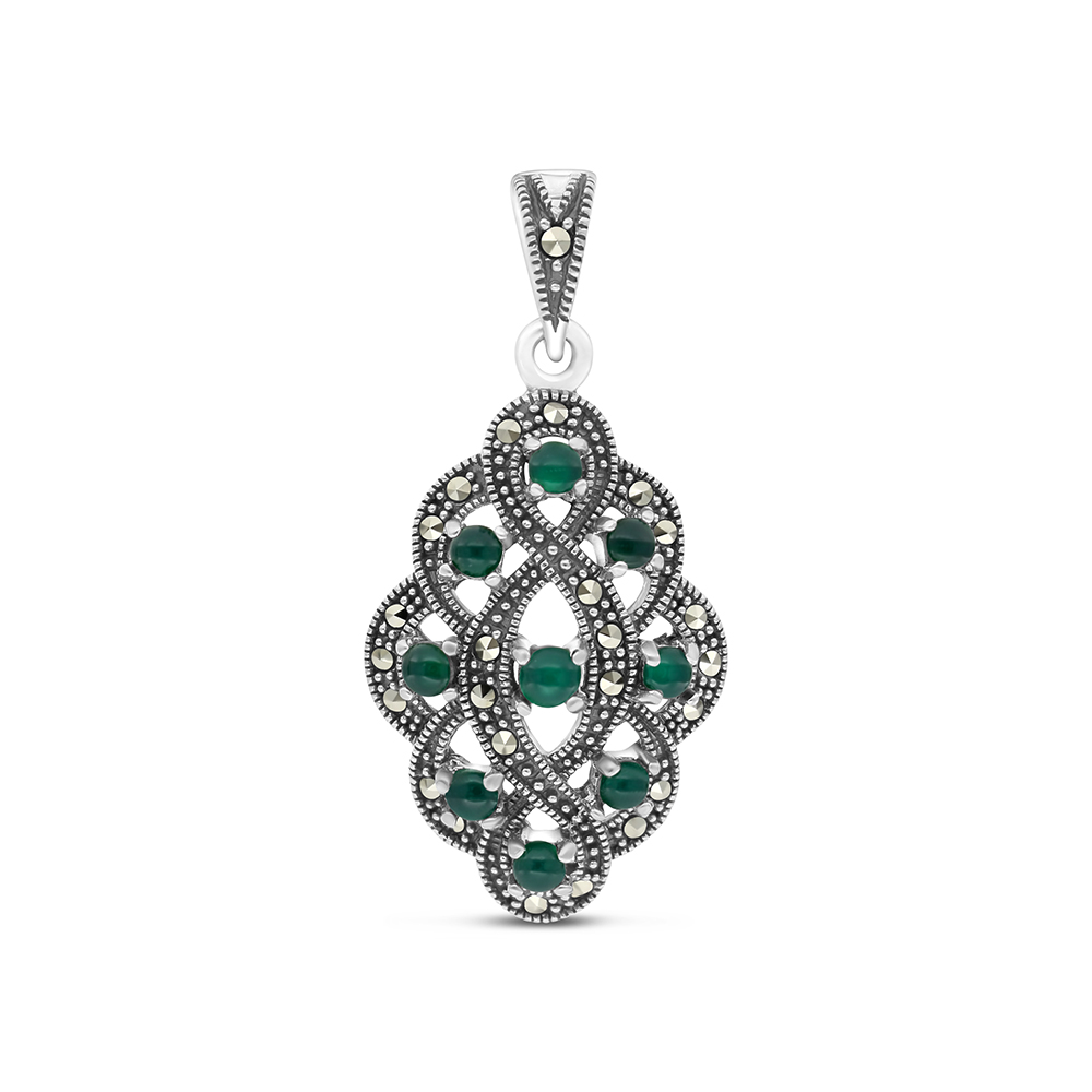 Sterling Silver 925 Pendant Embedded With Natural Green Agate And Marcasite Stones