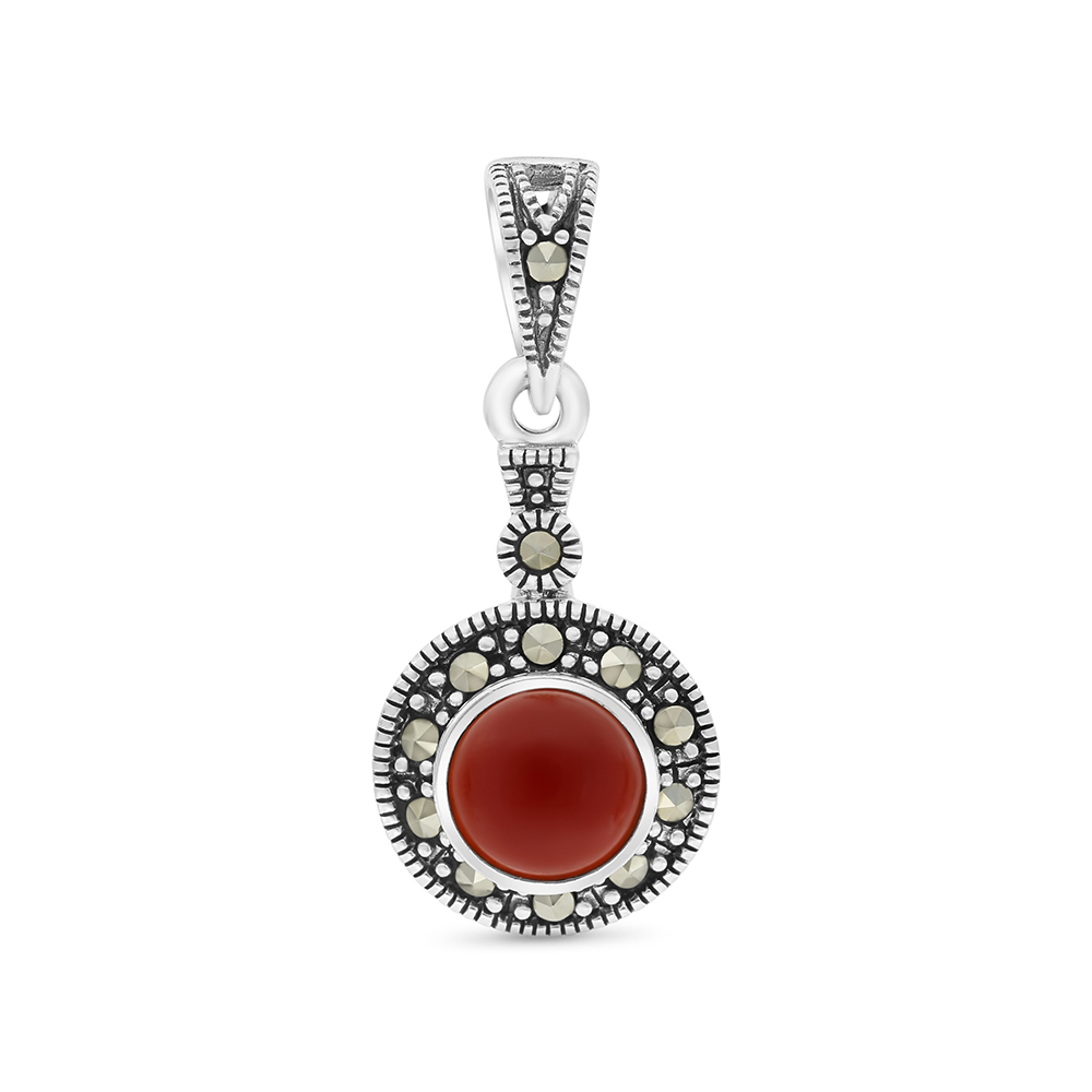 Sterling Silver 925 Pendant Embedded With Natural Aqiq And Marcasite Stones