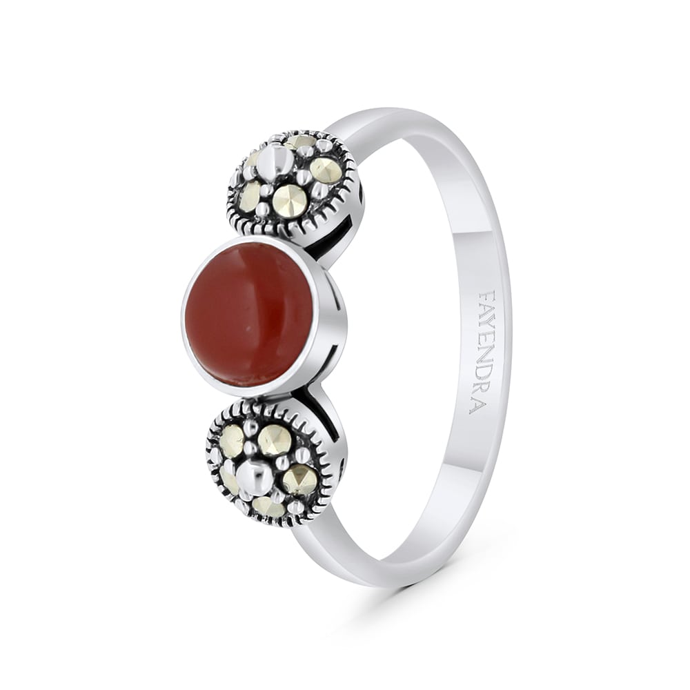 Sterling Silver 925 Ring Embedded With Natural Aqiq And Marcasite Stones