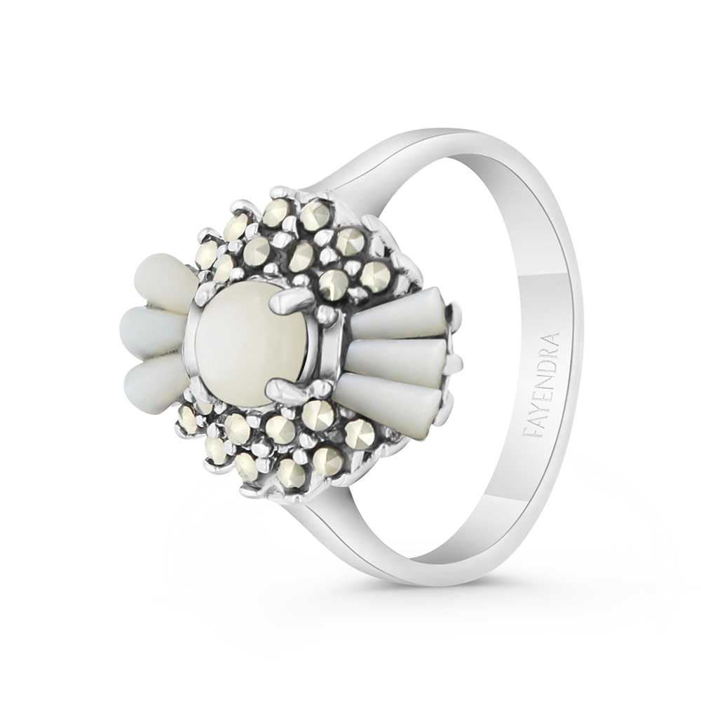 Sterling Silver 925 Ring Embedded With Natural White Shell And Marcasite Stones