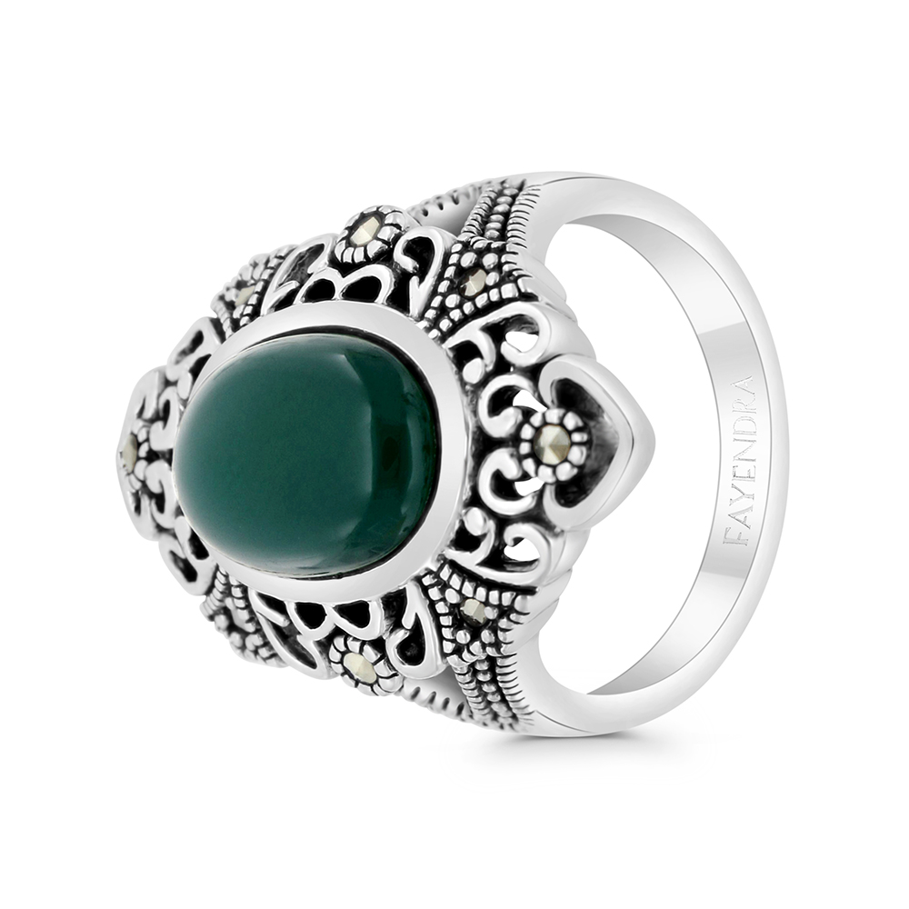Sterling Silver 925 Ring Embedded With Natural Green Agate And Marcasite Stones
