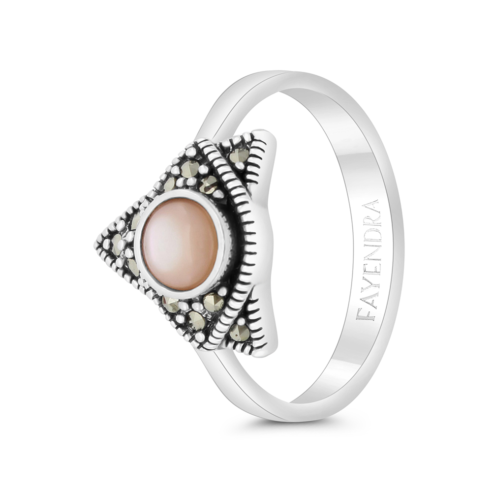 Sterling Silver 925 Ring Embedded With Natural Pink Shell And Marcasite Stones