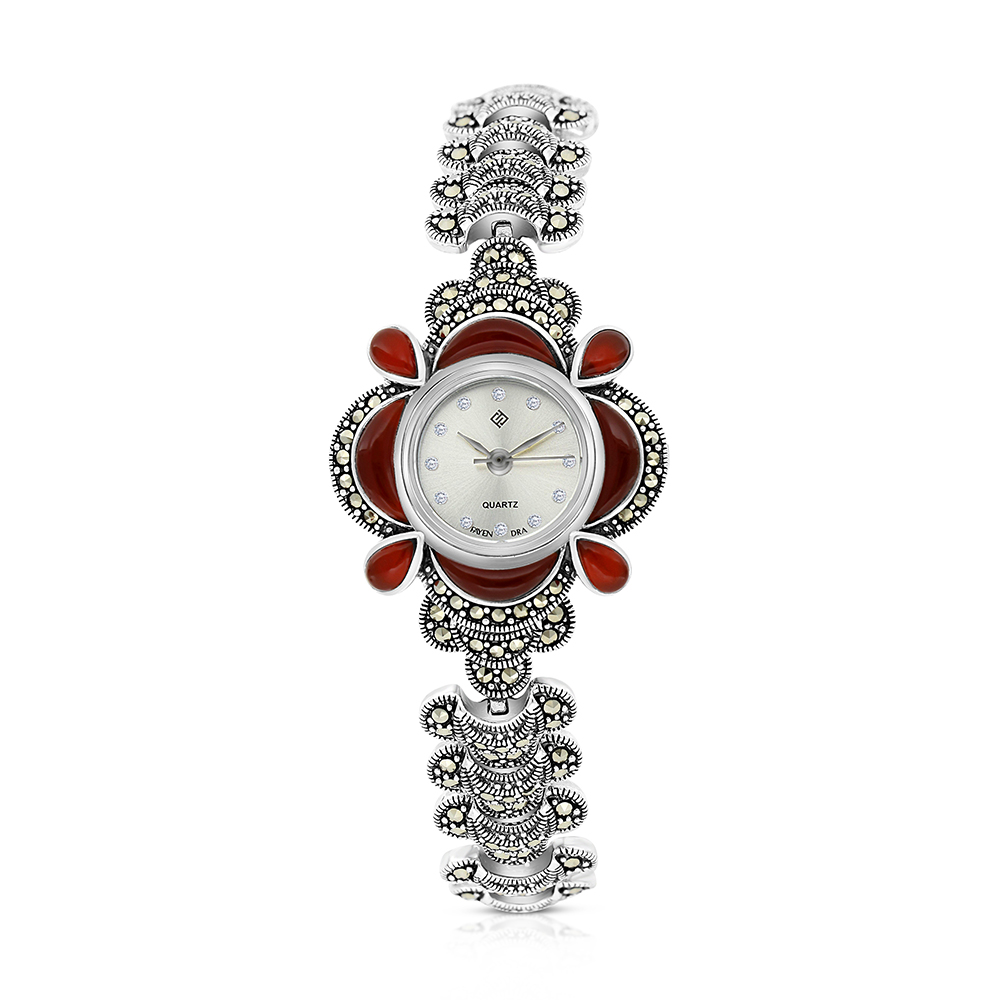 Sterling Silver 925 Watch Embedded With Natural Aqiq And Marcasite Stones