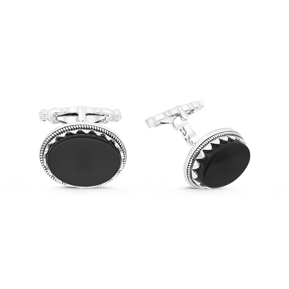 Sterling Silver 925 Cufflink Rhodium And Black Plated Embedded With Black Agate