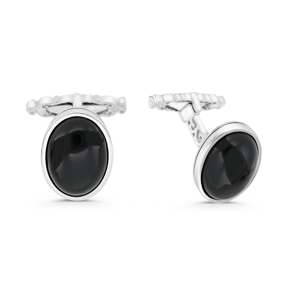 Sterling Silver 925 Cufflink Rhodium And Black Plated Embedded With Black Agate