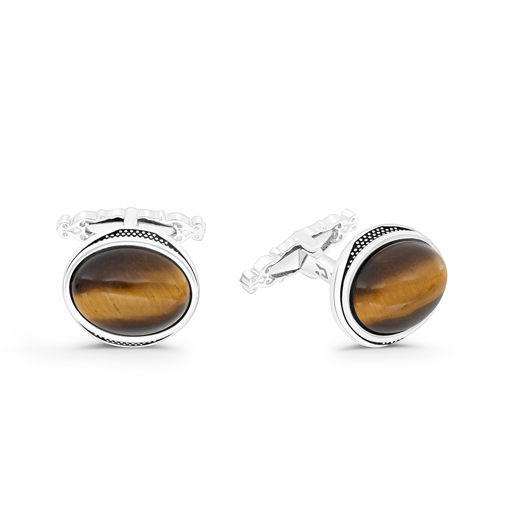 Sterling Silver 925 Cufflink Rhodium And Black Plated Embedded With Yellow Tiger Eye