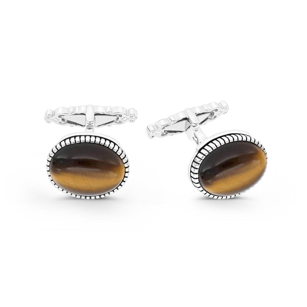 Sterling Silver 925 Cufflink Rhodium And Black Plated Embedded With Yellow Tiger Eye