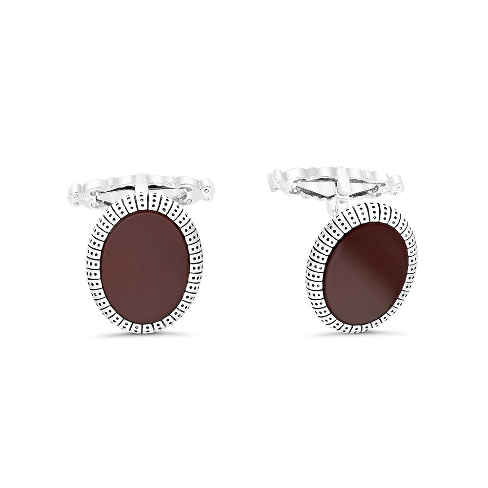 Sterling Silver 925 Cufflink Rhodium And Black Plated Embedded With Red Agate