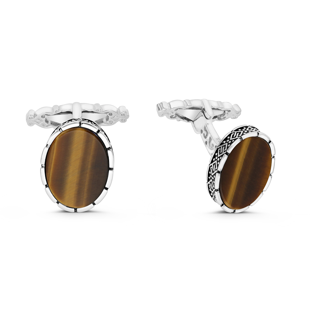 Sterling Silver 925 Cufflink Rhodium And Black Plated Embedded With Yellow Tiger Eye