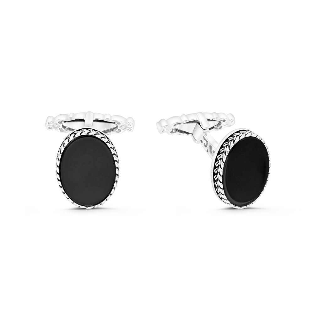 Sterling Silver 925 Cufflink Rhodium And Black Plated Embedded With Black Agate