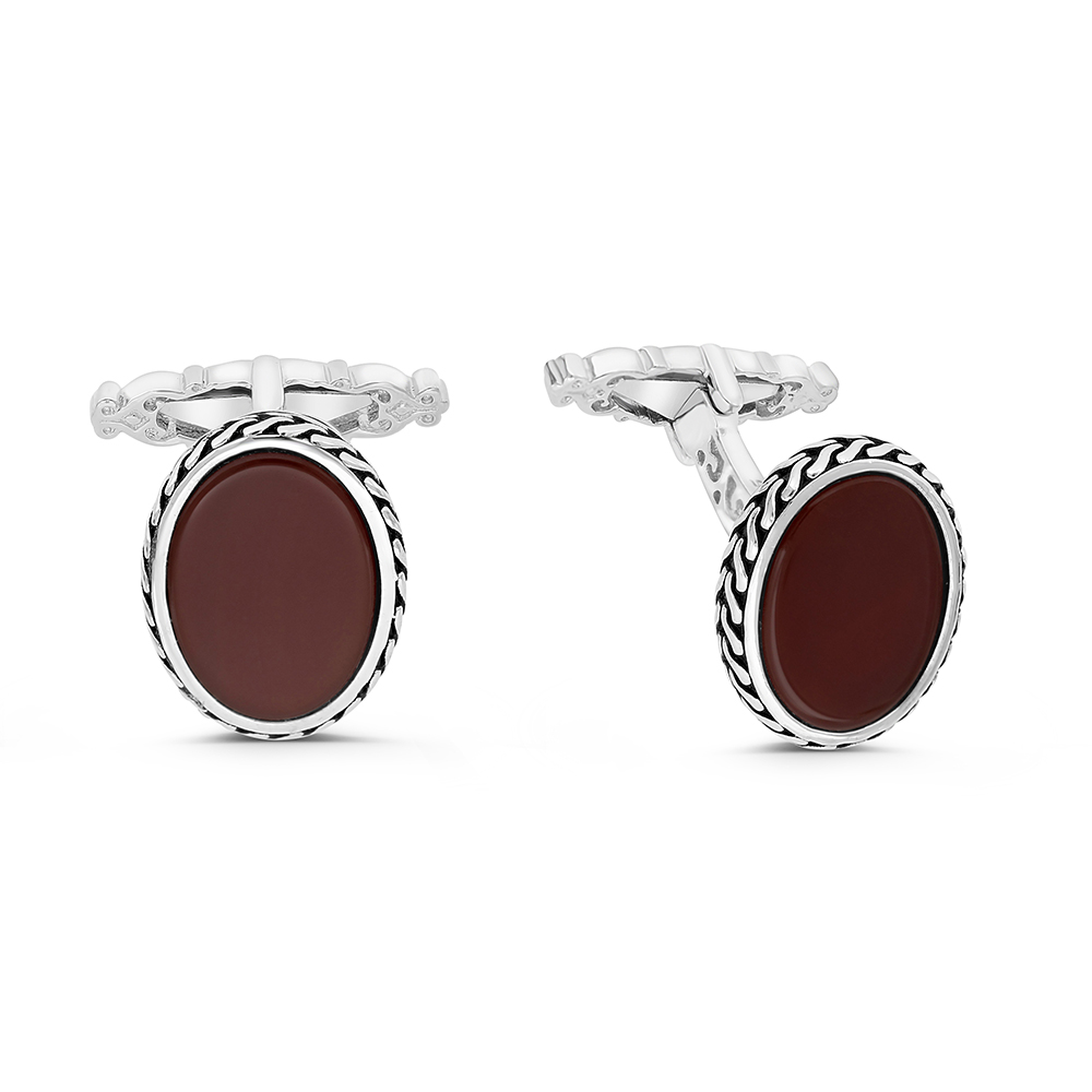 Sterling Silver 925 Cufflink Rhodium And Black Plated Embedded With Red Agate