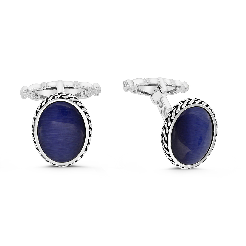 Sterling Silver 925 Cufflink Rhodium And Black Plated Embedded With Blue Tiger Eye