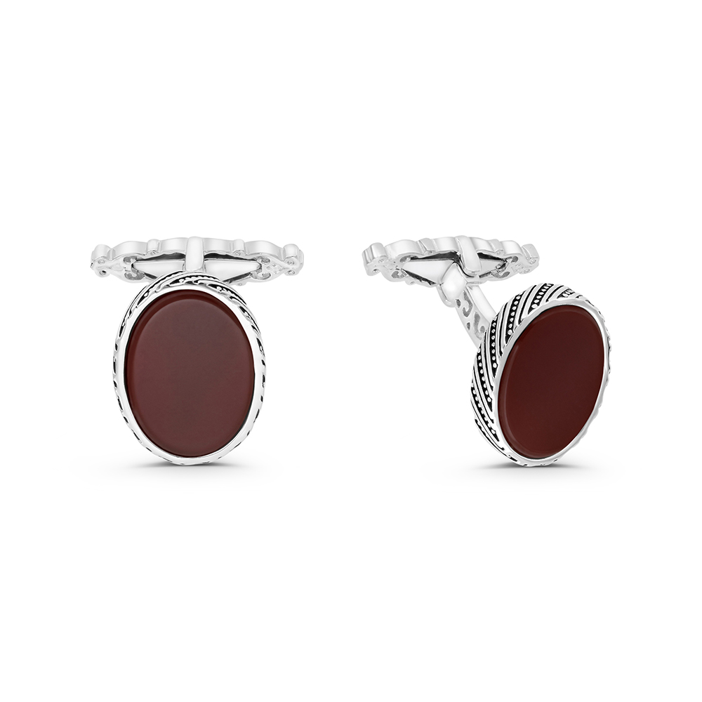 Sterling Silver 925 Cufflink Rhodium And Black Plated Embedded With Red Agate