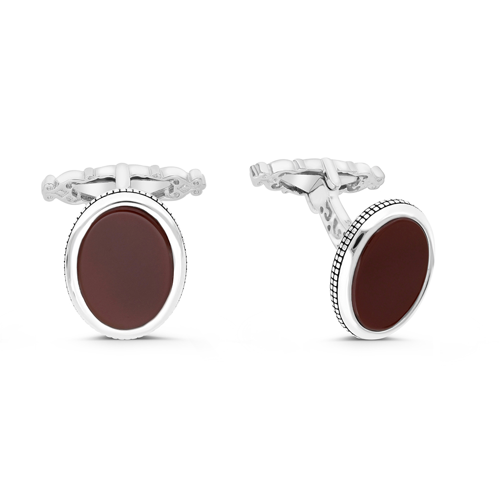 Sterling Silver 925 Cufflink Rhodium And Black Plated Embedded With Red Agate