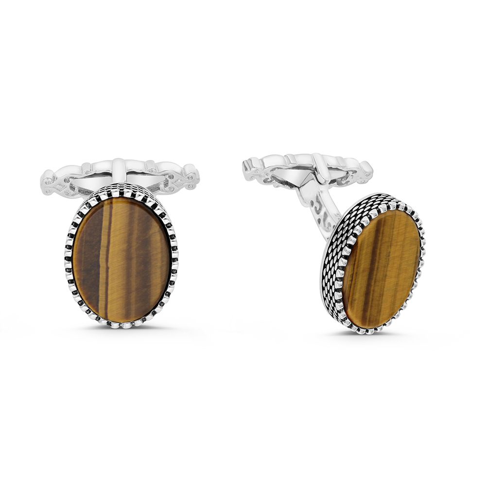 Sterling Silver 925 Cufflink Rhodium And Black Plated Embedded With Yellow Tiger Eye