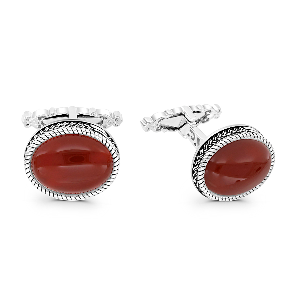 Sterling Silver 925 Cufflink Rhodium And Black Plated Embedded With Red Agate