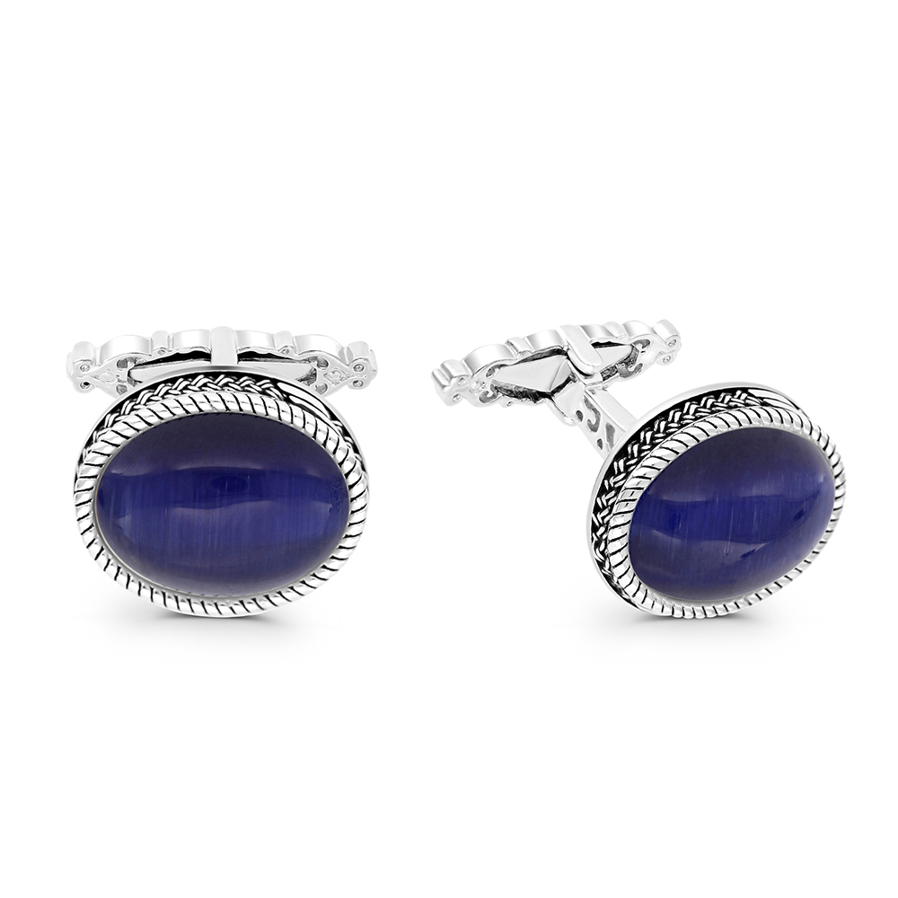 Sterling Silver 925 Cufflink Rhodium And Black Plated Embedded With Blue Tiger Eye