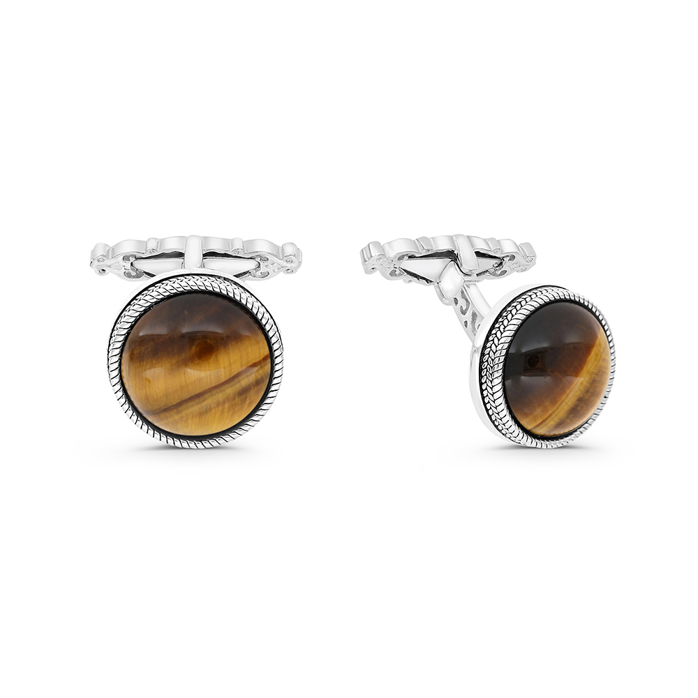 Sterling Silver 925 Cufflink Rhodium And Black Plated Embedded With Yellow Tiger Eye