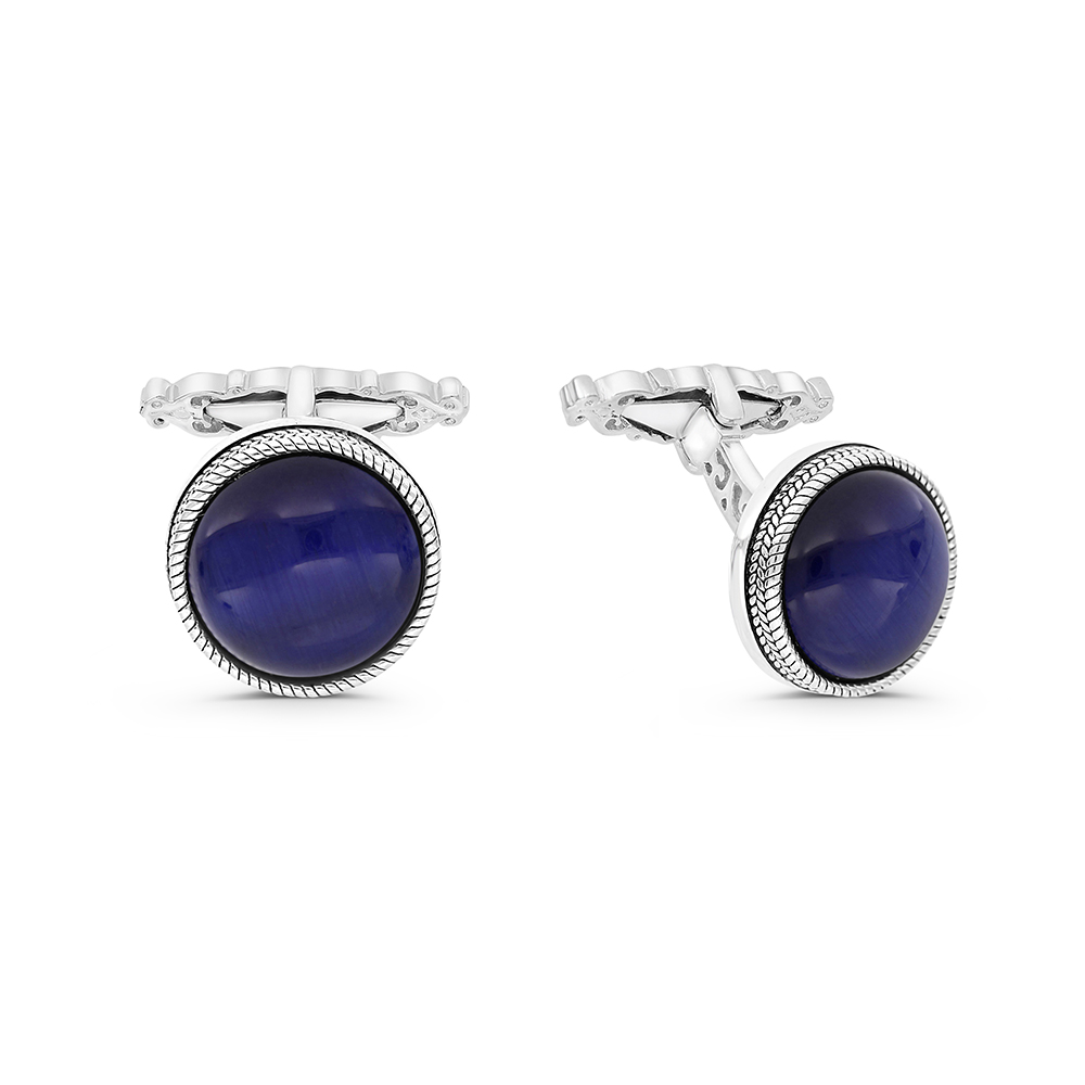 Sterling Silver 925 Cufflink Rhodium And Black Plated Embedded With Blue Tiger Eye