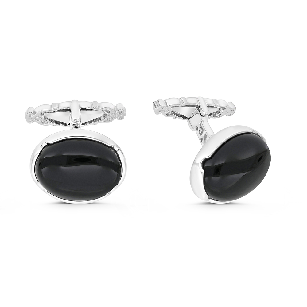 Sterling Silver 925 Cufflink Rhodium And Black Plated Embedded With Black Agate