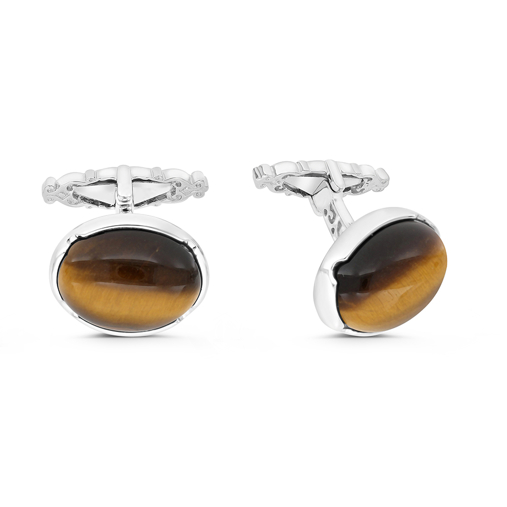 Sterling Silver 925 Cufflink Rhodium And Black Plated Embedded With Yellow Tiger Eye