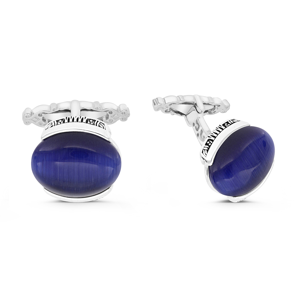 Sterling Silver 925 Cufflink Rhodium And Black Plated Embedded With Blue Tiger Eye