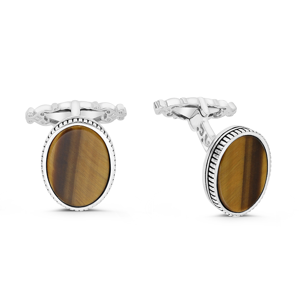 Sterling Silver 925 Cufflink Rhodium And Black Plated Embedded With Yellow Tiger Eye