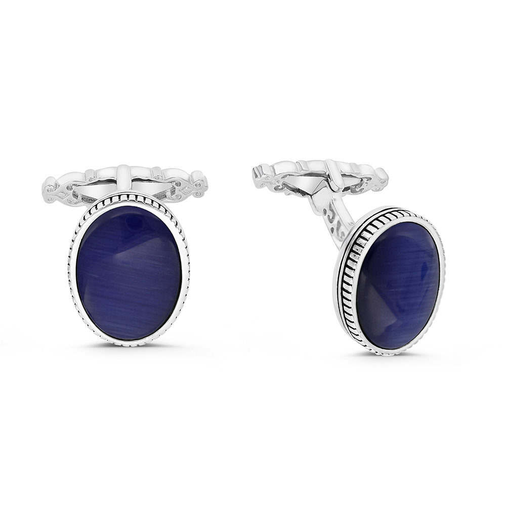 Sterling Silver 925 Cufflink Rhodium And Black Plated Embedded With Blue Tiger Eye