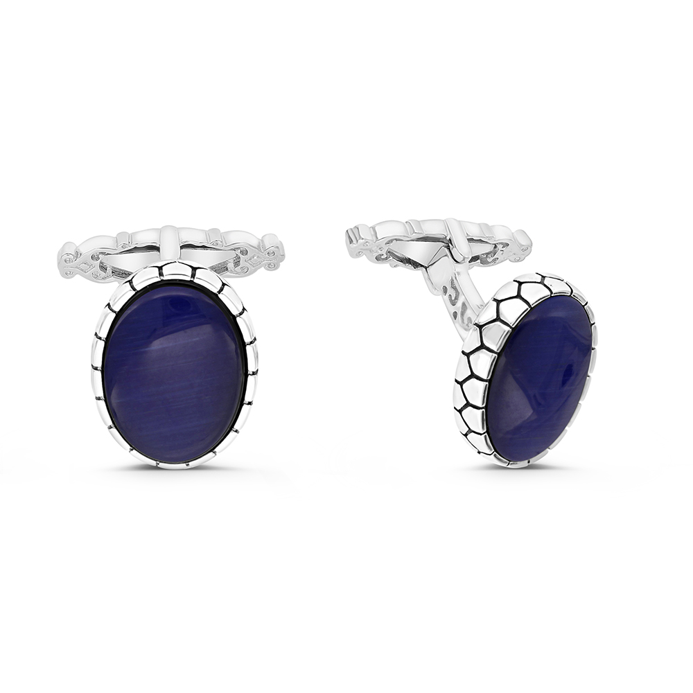 Sterling Silver 925 Cufflink Rhodium And Black Plated Embedded With Blue Tiger Eye