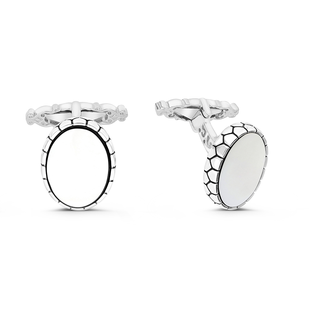 Sterling Silver 925 Cufflink Rhodium And Black Plated Embedded With White Shell 