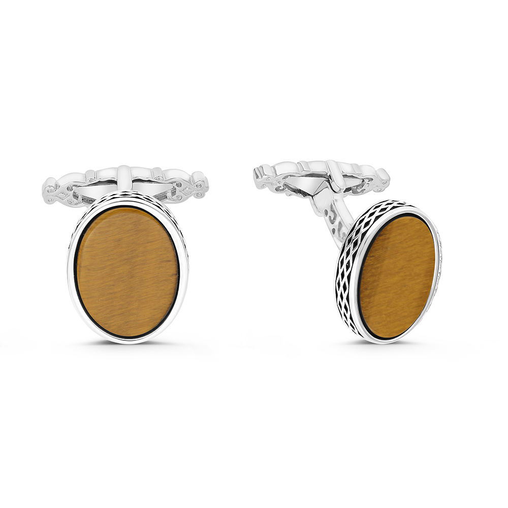 Sterling Silver 925 Cufflink Rhodium And Black Plated Embedded With Yellow Tiger Eye