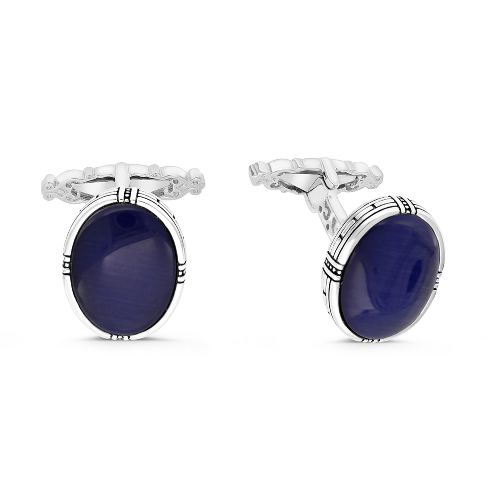 Sterling Silver 925 Cufflink Rhodium And Black Plated Embedded With Blue Tiger Eye