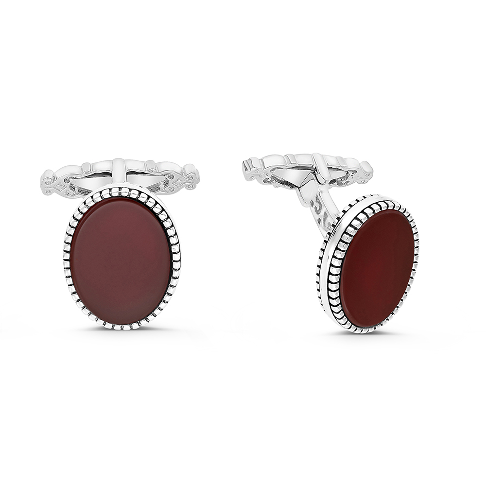 Sterling Silver 925 Cufflink Rhodium And Black Plated Embedded With Red Agate