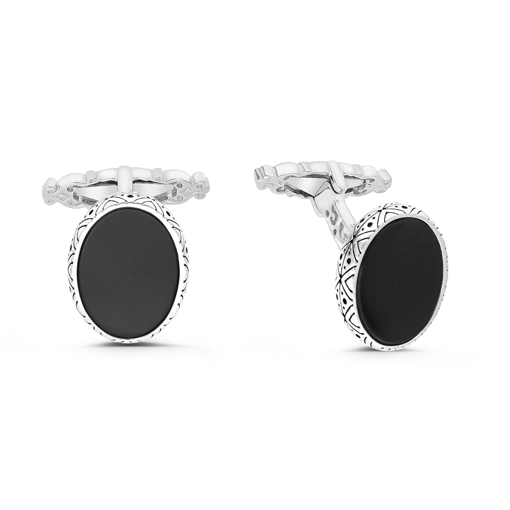 Sterling Silver 925 Cufflink Rhodium And Black Plated Embedded With Black Agate