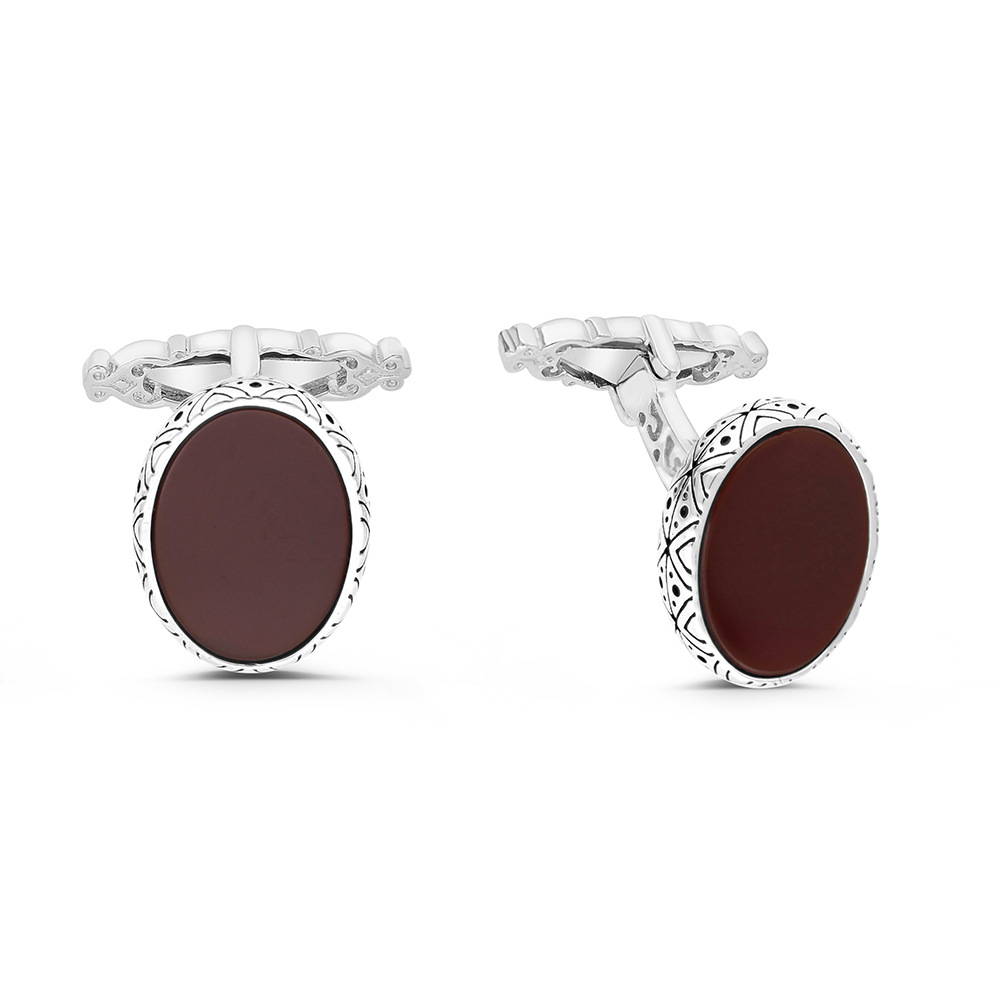 Sterling Silver 925 Cufflink Rhodium And Black Plated Embedded With Red Agate