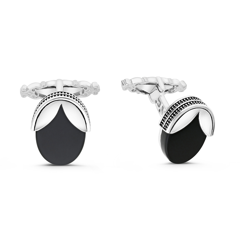 Sterling Silver 925 Cufflink Rhodium And Black Plated Embedded With Black Agate Flat Stone