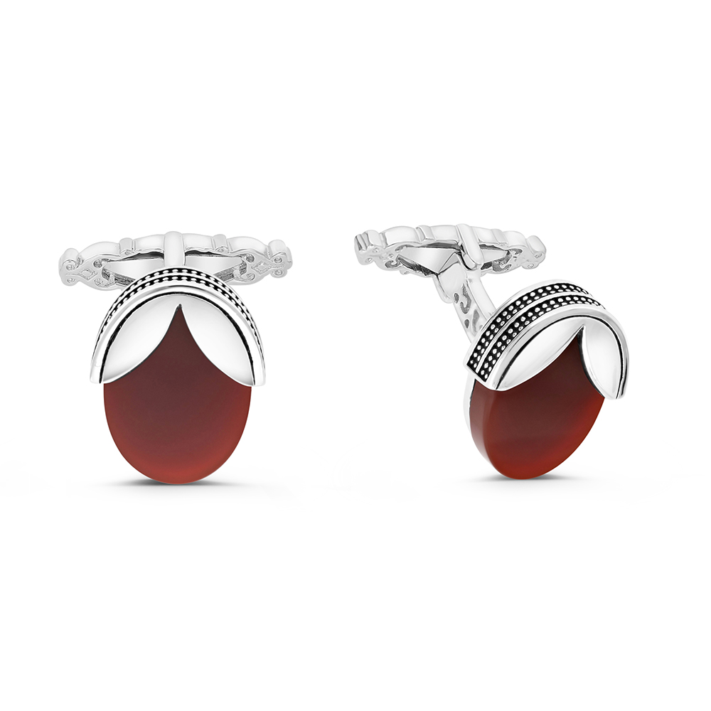 Sterling Silver 925 Cufflink Rhodium And Black Plated Embedded With Red Agate Flat Stone