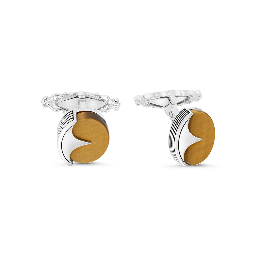 Sterling Silver 925 Cufflink Rhodium And Black Plated Embedded With Yellow Tiger Eye