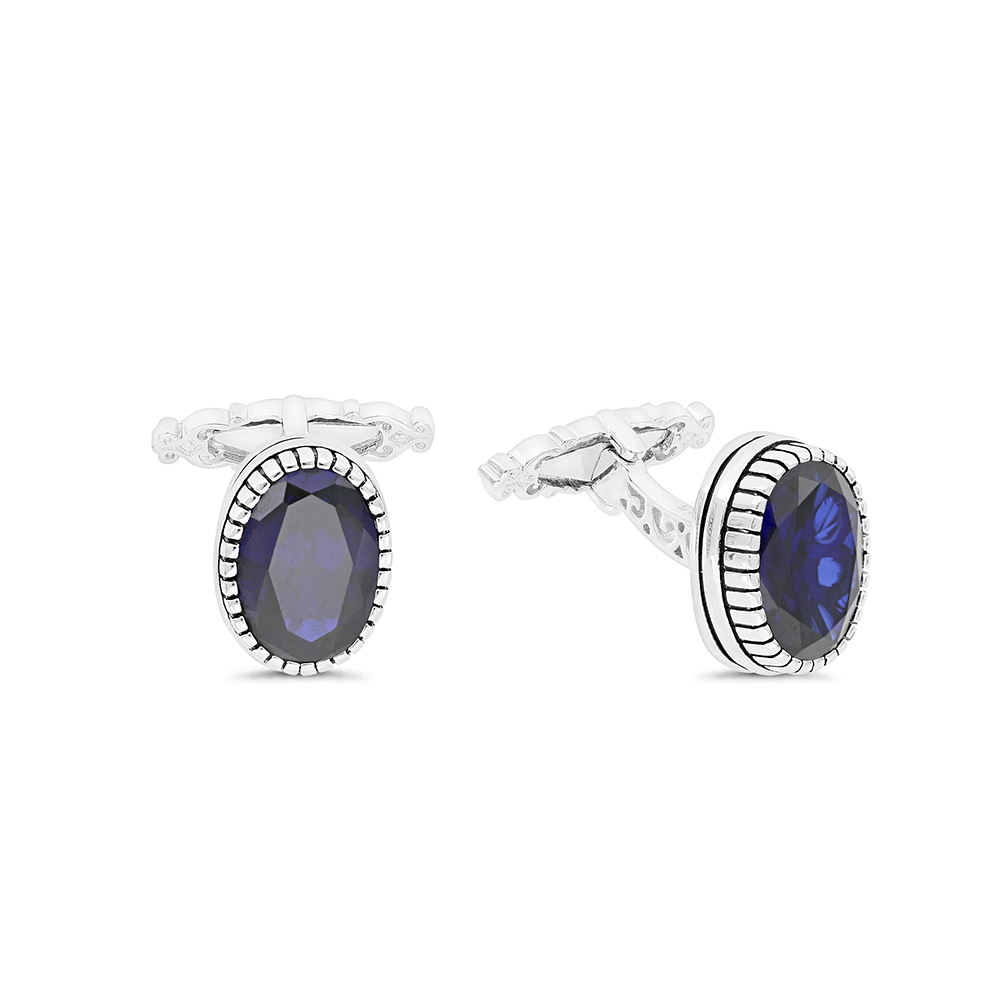 Sterling Silver 925 Cufflink Rhodium And Black Plated Embedded With Sapphire Corundum 