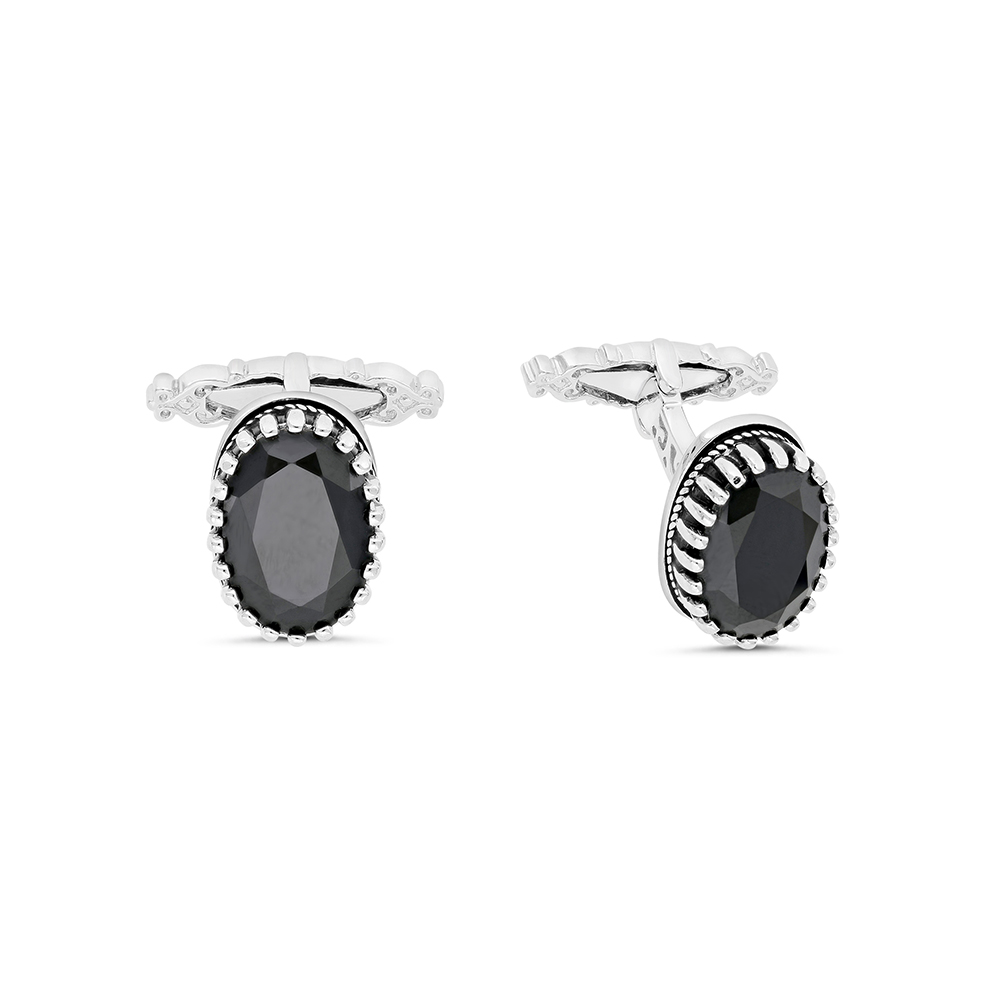 Sterling Silver 925 Cufflink Rhodium And Black Plated Embedded With Black Spinel Stone 