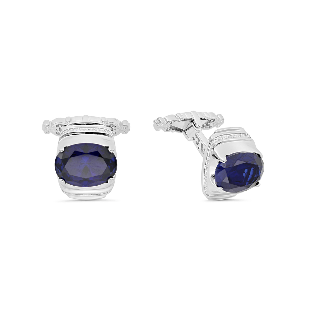 Sterling Silver 925 Cufflink Rhodium And Black Plated Embedded With Sapphire Corundum And White Zircon